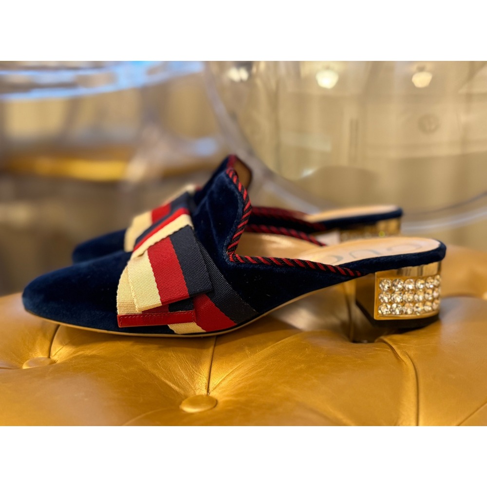 Gucci Velvet Bow Mule Heels Embellished Crystal Block Heel Slip On Shoes 36 - Picture 2 of 8